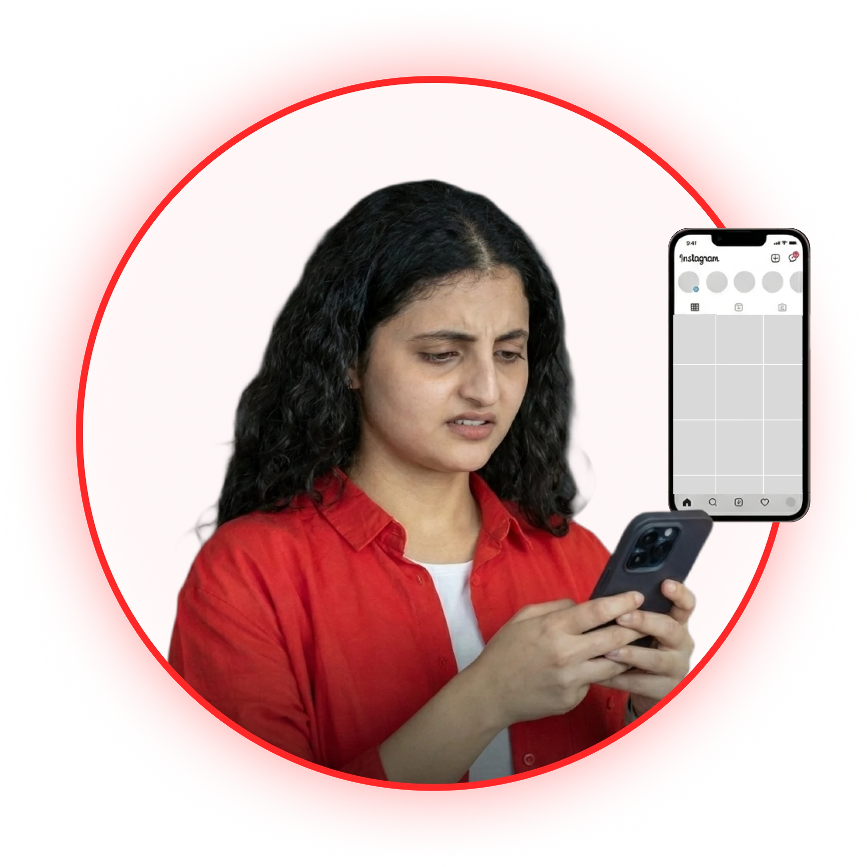 Woman disappointed looking at an empty Instagram feed
